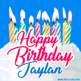 A cheerful animated GIF featuring colorful lit birthday candles on a white cake, with the text 'Happy Birthday Jaylan' in bold red and blue script on a bright blue background.