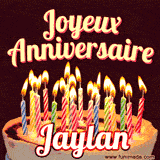 A Happy Birthday GIF in French featuring a festive birthday cake adorned with bright candles and the glowing text 'Joyeux Anniversaire Jaylan' in a cheerful style.