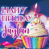 A festive animated GIF featuring a colorful cupcake with a single lit candle, sprinkles, and 'Happy Birthday Jaylan' text against a sparkling, celebratory background.