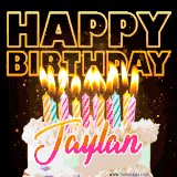 A vibrant animated GIF featuring a delicious birthday cake topped with glowing candles and the name 'Jaylan' in elegant script, and the words 'Happy Birthday' on the black background.