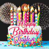 A lively happy birthday animated GIF showcasing a colorful birthday cake covered in sprinkles, topped with glowing candles, and surrounded by vibrant fireworks. The name 'Jaylan' is featured in elegant script.