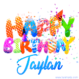 Animated GIF with colorful, festive 'Happy Birthday Jaylan' text decorated with patterns, a party hat, and falling confetti. A vibrant and cheerful design for birthday celebrations.