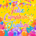 A bright and festive GIF with the text 'Feliz Cumpleaños Jaylani' in Spanish in colorful fonts, surrounded by confetti, balloons, and festive banners on a vibrant yellow background.
