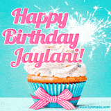 A festive cupcake with pink icing, a gingham bow, and a lit animated sparkler, paired with 'Happy Birthday Jaylani!' in bright pink text.