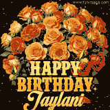Animated bouquet of orange roses with moving butterfles and golden 'Happy Birthday Jaylani' text, surrounded by sparkling accents and a dark backdrop for a luxurious feel.