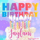 A vibrant animated name GIF with the words 'Happy Birthday Jaylani' with colorful candles on a creamy cake. The background sparkles with pastel shades, adding a festive touch.
