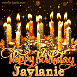 A glowing personalized birthday GIF with name Jaylanie featuring lit candles with intricate designs, warm lighting, and the text 'Happy Birthday' in an elegant font.