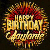 Golden 'Happy Birthday Jaylanie' text accompanied by animated rainbow fireworks for a festive animated greeting.