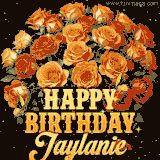 Animated bouquet of orange roses with moving butterfles and golden 'Happy Birthday Jaylanie' text, surrounded by sparkling accents and a dark backdrop for a luxurious feel.