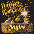 Celebrate Jaylee's birthday with a GIF featuring chocolate cake, a lit sparkler, and golden stars