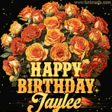 Animated bouquet of orange roses with moving butterfles and golden 'Happy Birthday Jaylee' text, surrounded by sparkling accents and a dark backdrop for a luxurious feel.
