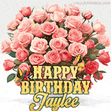 Golden 'Happy Birthday Jaylee' text beneath a vibrant bouquet of orange roses, complete with glittering butterflies and sparkling details.