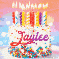 Personalized for Jaylee elegant birthday cake adorned with rainbow sprinkles, colorful candles and glitter