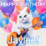 Animated GIF featuring a charming white cat with bright blue eyes strumming a guitar while colorful balloons float in the background, with 'Happy Birthday Jaylee!' text.