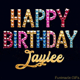 Vibrant luxury birthday greeting card for Jaylee, showing glittering gemstone letters and golden calligraphy on a dark background with twinkling shine effects.