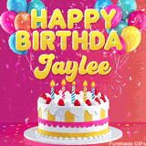 Pink-themed animated greeting with balloons, confetti, and a frosted cake under the message 'Happy Birthday Jaylee' in bold rounded yellow font.