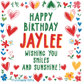 A colorful animated card for Jaylee’s birthday featuring playful hearts, cheerful flowers, and a handwritten message wishing smiles and sunshine.