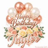 Pastel metallic balloons and rose bouquet Happy Birthday Jaylee GIF