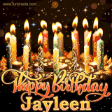 A glowing personalized birthday GIF with name Jayleen featuring lit candles with intricate designs, warm lighting, and the text 'Happy Birthday' in an elegant font.