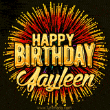 Golden 'Happy Birthday Jayleen' text accompanied by animated rainbow fireworks for a festive animated greeting.