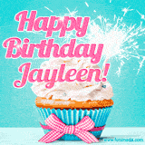 A festive cupcake with pink icing, a gingham bow, and a lit animated sparkler, paired with 'Happy Birthday Jayleen!' in bright pink text.