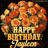 Animated bouquet of orange roses with moving butterfles and golden 'Happy Birthday Jayleen' text, surrounded by sparkling accents and a dark backdrop for a luxurious feel.
