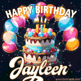 Bright birthday animation for Jayleen with a chocolate cake, candles, balloons, and glowing celebratory lights.