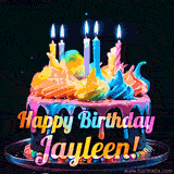 A mesmerizing animated cake with multicolor frosting and candles, and the words 'Happy Birthday Jayleen' on the black background.