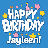 Colorful animated birthday card with the text 'HAPPY BIRTHDAY Jayleen!' in a white playful font surrounded by stars, hearts, and a party hat on a blue background.