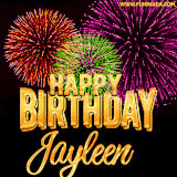 A golden 'Happy Birthday Jayleen' message with vibrant fireworks in the background, creating a festive and celebratory vibe in this animated name GIF.