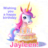 A cute moving unicorn with a birthday cake and candles, featuring 'Wishing you a happy birthday, Jayleen!' in colorful text.