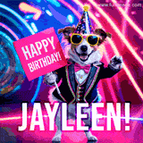 Animated GIF of a cool dog wearing a suit and sunglasses, holding a 'Happy Birthday' sign for Jayleen, set against a bright and colorful neon party background.