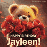 Cinematic style cute animated teddy bear with charming features holding a large bouquet of red roses, the words say 'Happy Birthday Jayleen' in sans serif font.