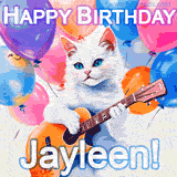 Animated GIF featuring a charming white cat with bright blue eyes strumming a guitar while colorful balloons float in the background, with 'Happy Birthday Jayleen!' text.
