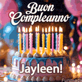 Birthday cake topped with pink and yellow lit candles, surrounded by glowing bokeh lights and party balloons. The greeting 'Buon Compleanno Jayleen GIF!' is displayed.