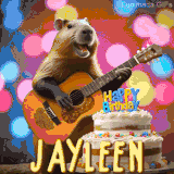 Animated birthday GIF showing a capybara playing guitar and singing beside a birthday cake with the name Jayleen in large letters and colorful bokeh lights in the background.