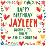 A colorful animated card for Jayleen’s birthday featuring playful hearts, cheerful flowers, and a handwritten message wishing smiles and sunshine.
