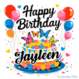 An animated birthday card for Jayleen. It features a festive cake with her name, 'Jayleen', and colorful butterflies. Floating balloons and hearts complete the joyful scene.
