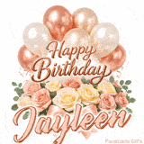 Beautiful pink and peach roses with gently moving Happy Birthday Jayleen text