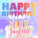 A vibrant animated name GIF with the words 'Happy Birthday Jayleen' with colorful candles on a creamy cake. The background sparkles with pastel shades, adding a festive touch.