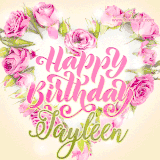 A stunning heart made of pink roses surrounds the elegant script text 'Happy Birthday Jayleen' on a soft beige background. Animated sparkles add a magical and festive feel.