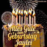 A chocolate birthday cake with glowing candles, the German text 'Alles Gute zum Geburtstag Jaylei,' and vibrant fireworks lighting up the background in an animated GIF.
