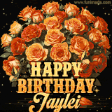 Animated bouquet of orange roses with moving butterfles and golden 'Happy Birthday Jaylei' text, surrounded by sparkling accents and a dark backdrop for a luxurious feel.