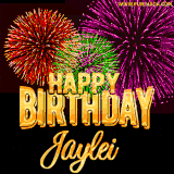A golden 'Happy Birthday Jaylei' message with vibrant fireworks in the background, creating a festive and celebratory vibe in this animated name GIF.