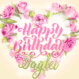 A stunning heart made of pink roses surrounds the elegant script text 'Happy Birthday Jaylei' on a soft beige background. Animated sparkles add a magical and festive feel.