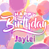 A vibrant name GIF featuring colorful balloons in shades of pink, orange, and yellow with the bold text 'Happy Birthday Jaylei' in festive fonts, creating a lively birthday vibe.