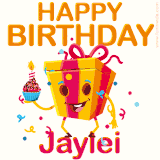 A vibrant and funny gift box character with a happy face dancing with a cupcake and the text 'Happy Birthday Jaylei,' surrounded by animated confetti and party vibes.