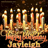 A glowing personalized birthday GIF with name Jayleigh featuring lit candles with intricate designs, warm lighting, and the text 'Happy Birthday' in an elegant font.