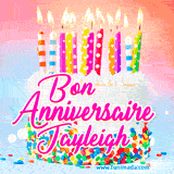 A white birthday cake covered in colorful sprinkles, topped with bright candles, and French text 'Bon Anniversaire Jayleigh' on a pastel gradient background in an animated GIF.
