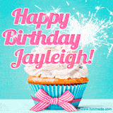 A festive cupcake with pink icing, a gingham bow, and a lit animated sparkler, paired with 'Happy Birthday Jayleigh!' in bright pink text.